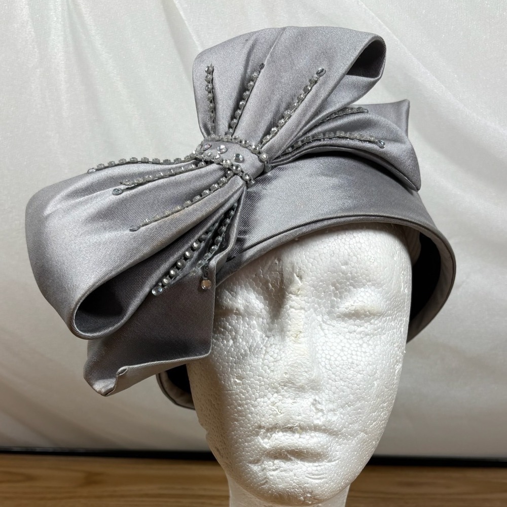 Anna Rossi Women Pillbox Hat Silk Wool Silver Rhinestone Bow Formal Church H3605